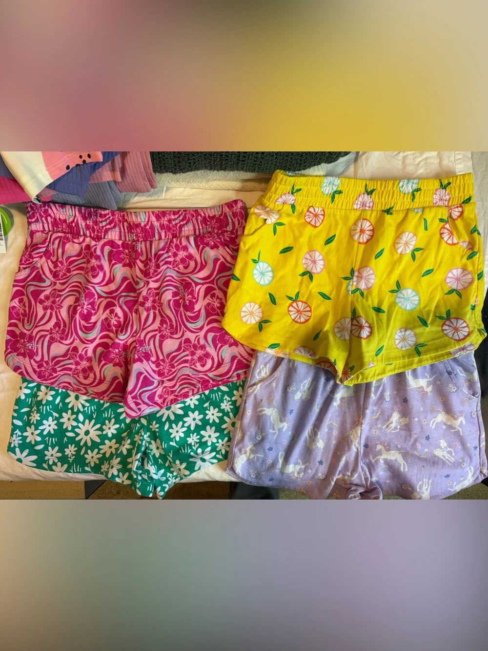 wonder nation Bright Pink Swirl, Yellow Citrus & Green Daisy Kids Shorts Set
